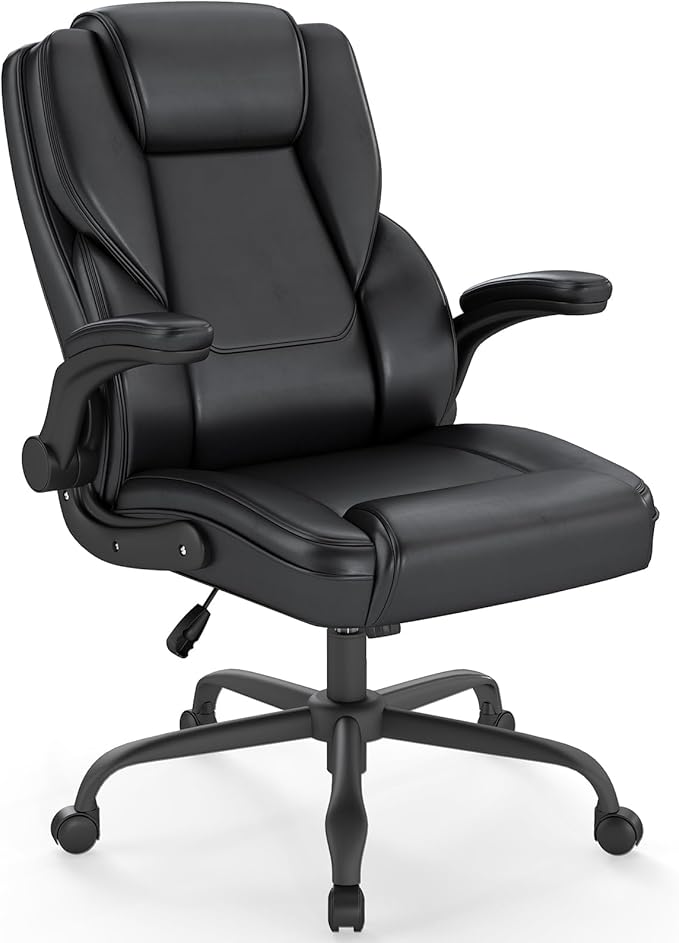 AnyGod Executive Office Chair, Comfy Ergonomic Computer Desk Chairs with Flip-up Armrests, Lumbar Support, High Back, 360° Swivel and Rocking Function for Home Office,PU Black