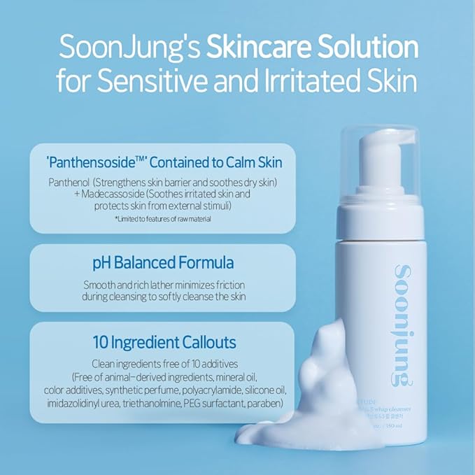 ETUDE Soonjung pH 6.5 Whip Cleanser (5.07 Fl Oz) + SoonJung pH5.5 Relief Toner (6.76 Fl Oz) + SoonJung 2x Barrier Intensive Cream Rich Moisture (2.02 fl oz)