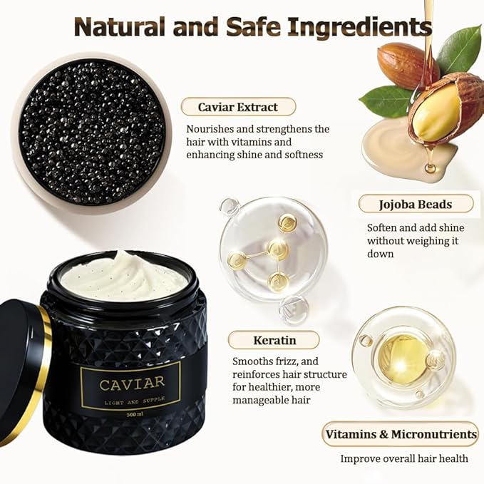 Caviar Bloom Hair Mask, Caviar Deep Repair Hair Mask with Caviar Extract(16.9 fl.oz.), Intense Moisture Treatment for Dry, Damaged Hair, Reduces Frizz & Split Ends (1 PC, Nature)