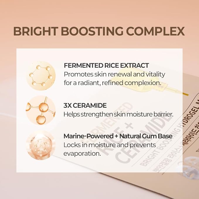 FARMSKIN Fermented Rice + Ceramide Bright Boosting Hydrogel Mask Set - Refreshing & Hydrating Facial Masks for All Skin Types - Daily Korean Skin Care for Uneven Skin Tone & Impurities (5EA, 1.19 oz)
