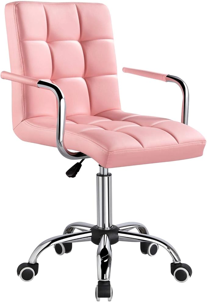 Yaheetech Modern PU Leather Desk Office Chairs with Wheels/Armrests Height Adjustable Home Computer Executive Chair on Wheels 360° Swivel, Pink