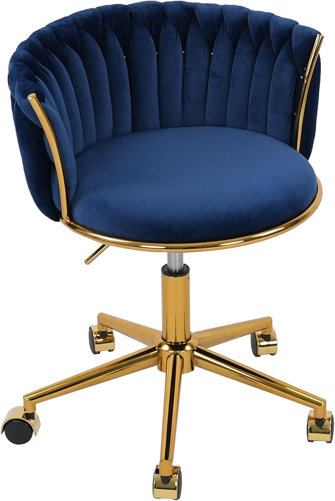 Velvet Woven Home Office Chair, Modern Swivel Desk Chair with Wheels, Height Adjustable Vanity Chair with Gold Metal Base and Hand Weaving Back for Bedroom Study Small Space, Navy Blue