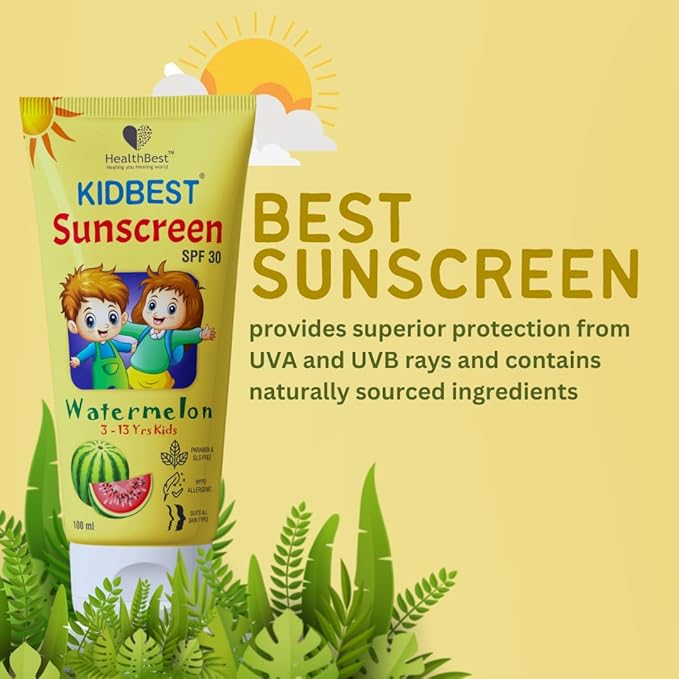 HealthBest Kids Watermelon Cooling Sunscreen SPF-30 Boosts Vitamin D Absorption PA+++ Prevents Tanning Cream for 3-13 Years Kids | Each 100ml (Pack of 1)