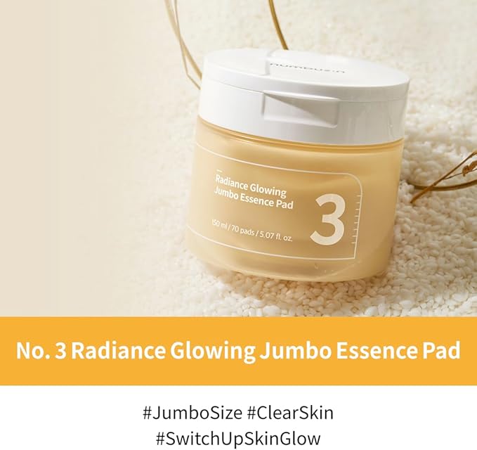 numbuzin No.3 Toner Pads | Radiance Glowing Jumbo Essence Pad | Clear Glass Skin, Texture Care | Biodegradable Vegan, Fermented Ingredients, Niacinamide | 70 Pads/5.07 fl. oz.