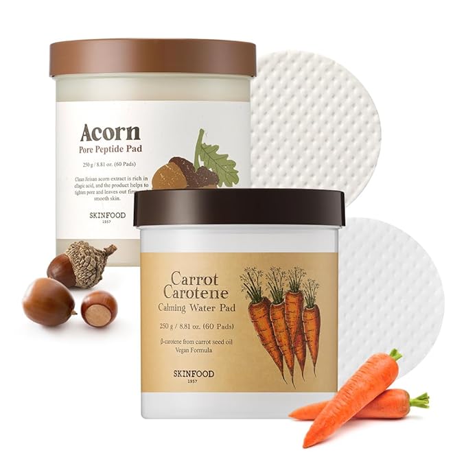 SKINFOOD Acorn Pore Peptide and Carrot Carotene Calming Water Toner, Pore Tightening, Deep Hydration, Moisturizing for Irritated & Sensitive Skin, Carrot (60pads) & Acorn (60pads)