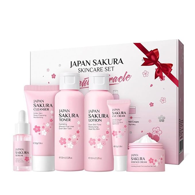 Skin Care Sets for Teenage Girls, Sakura Skin Care Sets & Kits Women Beauty Gift Set with Cleanser, Mud Mask, Toner, Serum, Eye Cream, Facial Cream, and Sunscreen, Birthday Gift for Women and Girls