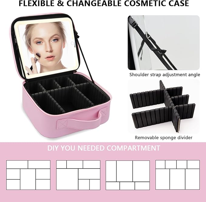 Travel Makeup Bag,with Mirror 3 Color Setting and Detachable 10x Magnifying Mirror Travel Makeup Bag,Portable Storage and Adjustable Dividers（Light Pink）