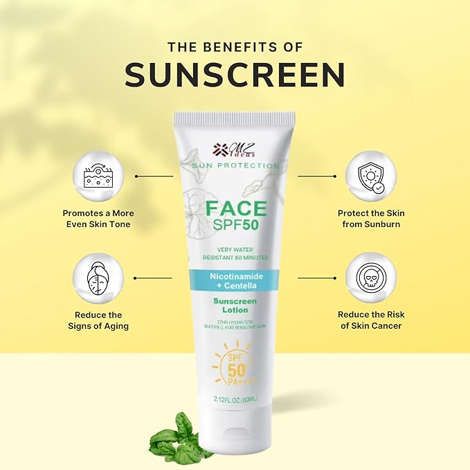Face Sunscreen SPF 50 PA+++,Very Water Resistant 80 Minutes, with Niacinamide, Centella, 72H Hydration for sensative skin, 2.12 fl oz