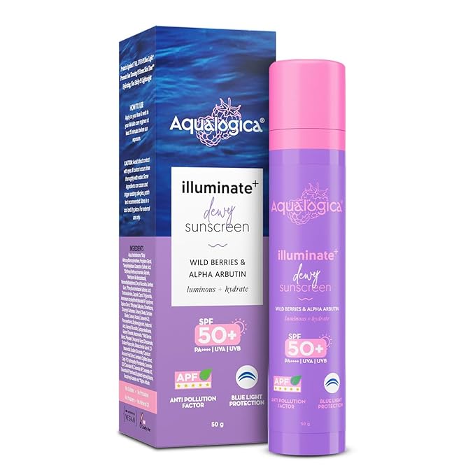Aqualogica Illuminate+ Dewy Sunscreen SPF 50+ PA++++ with Wild Berries & Alpha Arbutin - 50 g Broad Spectrum SPF 50+ PA++++ UVA/B & Blue Light Protection Anti-Pollution Factor (APF) Technology