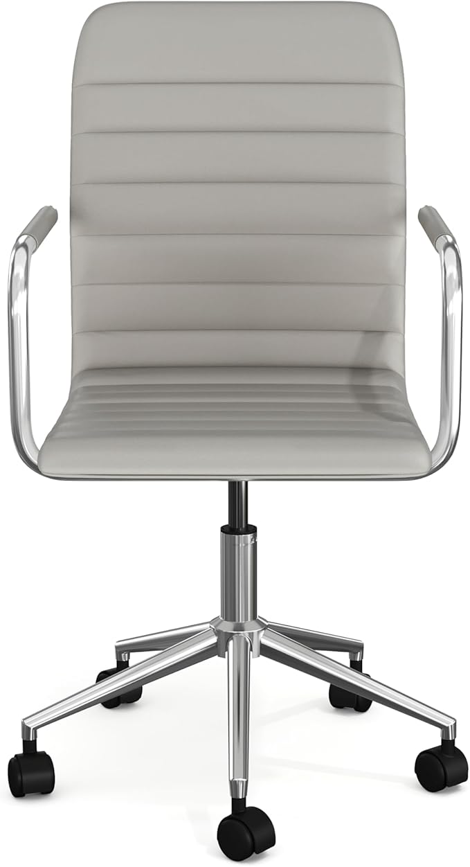 Martha Stewart Taytum Swivel Task Chair with Armrests for Home Office in Gray Faux Leather with Polished Nickel Frame