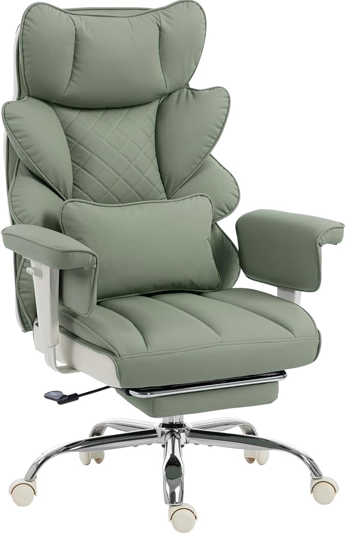 Dowinx Big and Tall Office Chair with Pocket Springs Cushion,High Back Computer Gaming Chairs with Adjustable Armrests,Executive Desk Chairs with Lumbar Support and Footrest,PU Leather-Green