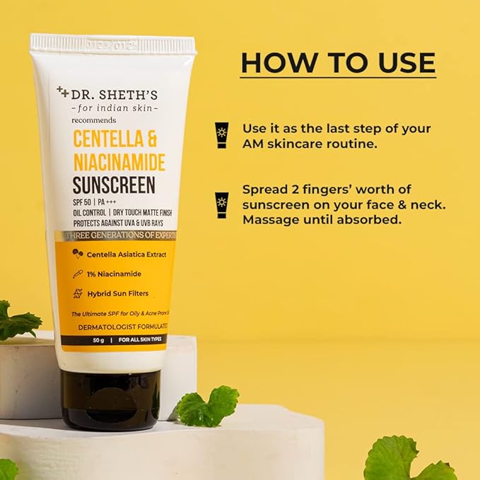 Dr Sheth's Centella & Niacinamide Sunscreen SPF 50 PA+++ For Oily & Acne-Prone Skin Sweat Proof & Water-Resistant Dry Touch Matte Finish Controls Excess Oil Protects Against UVA & UVB Rays