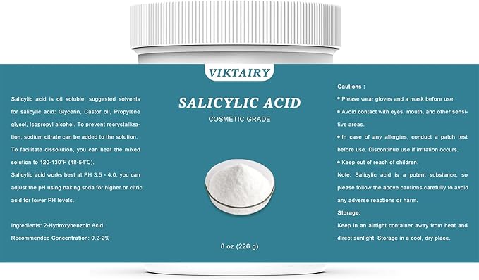 Pure Salicylic Acid Powder (8 oz), Cosmetic Grade Original Ingredients with no Additives, BHA Exfoliant for DIY Cleanser, Toner, Shampoo, Body Wash, Lotion