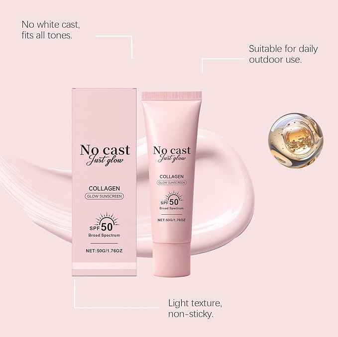 No Cast Just Glow Collagen Sunscreen SPF 50 PA++++ Facial Sunscreen Lightweight, Non-Sticky Face Sunscreen No White Cast Natural Sun screen with Peptide, Centella, Hyaluronic Acid