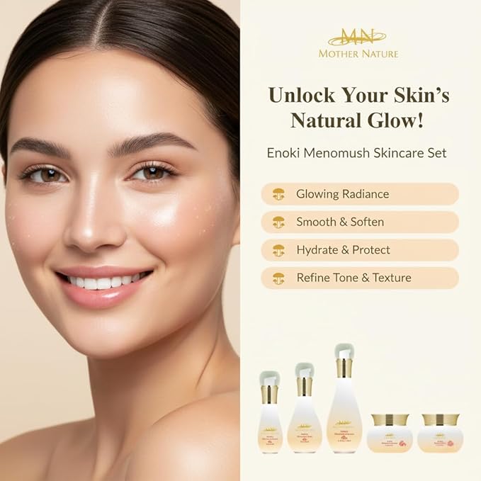 MN Mother Nature Enoki Menomush 5-Piece Skincare Set – Cleanser, Toner, Serum, Mask & Moisturizer – Mushroom Antioxidant Complex for Glowing, Radiant Skin – Anti-Aging & Hydrating Daily Routine