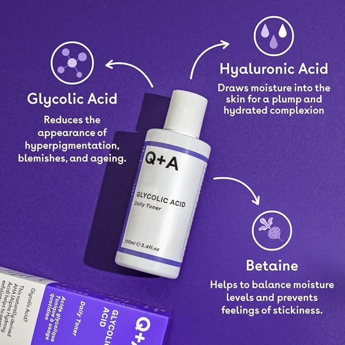Q+A Glycolic Acid Daily Face Toner (100ml), Hydrating Toner for Face with Glycolic for Smooth Skin, Refines Pores & Evens Skin Tone, Fragrance Free, Alcohol Free, Vegan & Cruelty Free Skincare