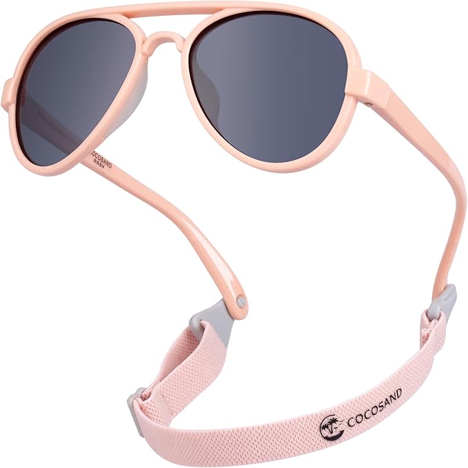 COCOSAND Baby Boys Girls Aviator Sunglasses with Strap Polarized Flexible Retro Pilot for Infants Toddler Age 0-24 Months