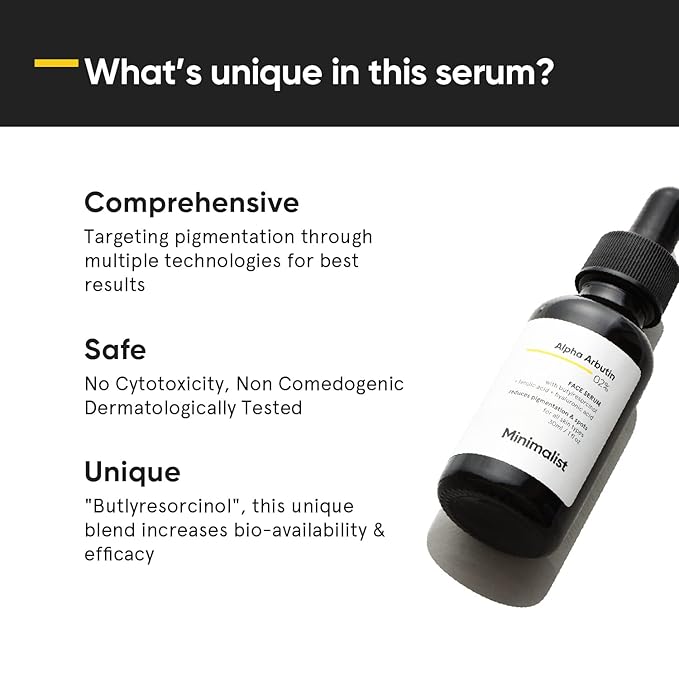 Minimalist Dark Spots Removal Serum with 2% Alpha Arbutin for Hyperpigmentation | Reduces Blemishes, Acne Marks & Tanning with Hyaluronic Acid & Butylresorcinol | For Women & Men | 1FL OZ/30 ml