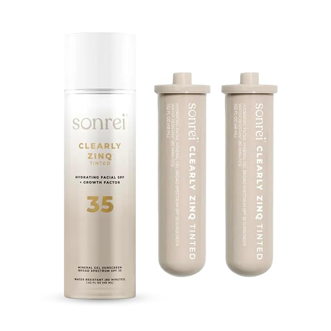 Sonrei Clearly Zinq Hydrating Tinted Facial SPF 35 + Anti-aging Growth Factor Sunscreen Mineral Gel & Primer | Broad Spectrum UV Protection | Water Resistant, Vegan | Non-greasy with 2 REFILL, 3-Pack