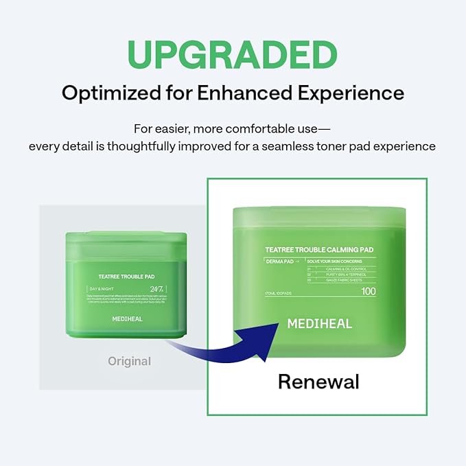 Mediheal Teatree Pad & Serum Duo Set for Quick Skin Calming & Redness Relief - Teatree Trouble Calming Toner Pads (100 Count) + Teatree Serum (1.35 fl.oz)