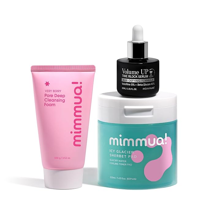 3-Step Glacial Glow Bundle | Ice Sorbet Toner Pads + Very Berry Pore Deep Cleansing Foam + Volume Up Time Block Serum | Puffiness Care, Pore Cleansing & Wrinkle Plumping Skincare Set