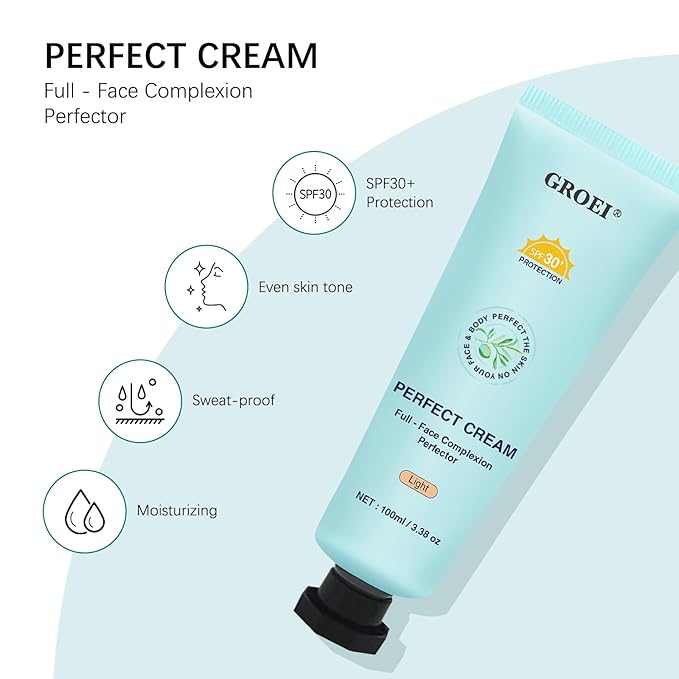 Perfect Cream All-Over Complexion Perfector | Long-Lasting BB Foundation & Concealer | SPF 30 Tinted Moisturizer for Face/Body (Light)