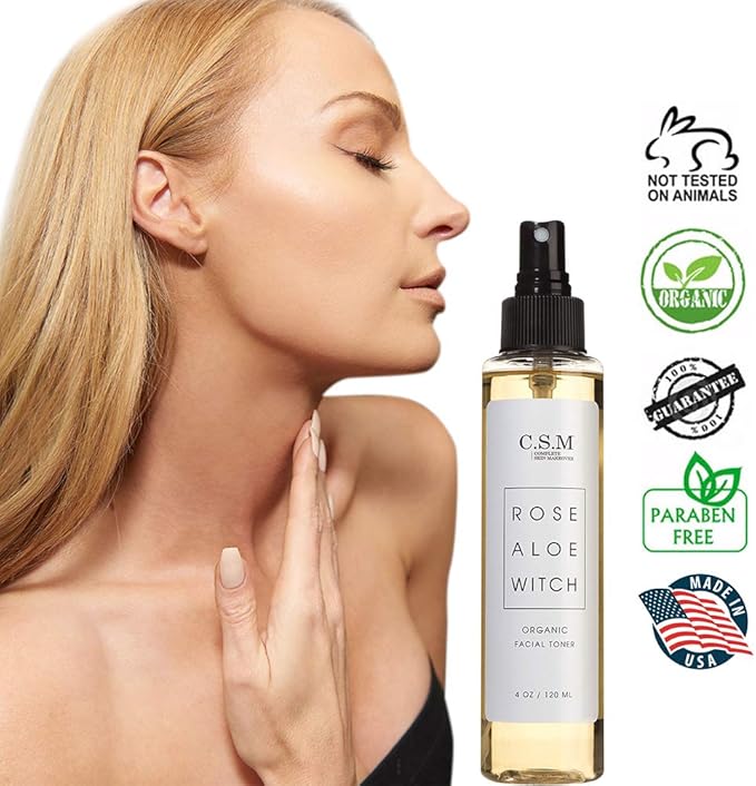 CSM Organic Alcohol-Free Witch Hazel Face Toner with Rose Water, Aloe Vera - Minimizes Pores, Soothes Skin for a Fresh, Clear Complexion - Easy Mist Spray - RAW Facial Toner - Made in The USA