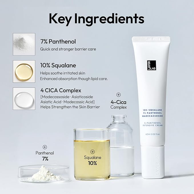 LAYERLAB S-Panthenol Intensive Facial Moisturizer, 7% Panthenol & 10% Squalane for Dry, Sensitive Skin, Moisture Barrier Support & Visibly Calms Redness, Korean Skincare Face Cream 60ml, 2.02fl oz.