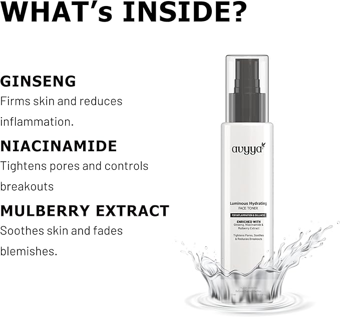 Luminous Hydrating Face Toner with Ginseng, Niacinamide and Mulberry for Dull Skin, Pore Tightening, Acne Control, Brightening | for All Skin Types, Men & Women - 3.38 fl oz