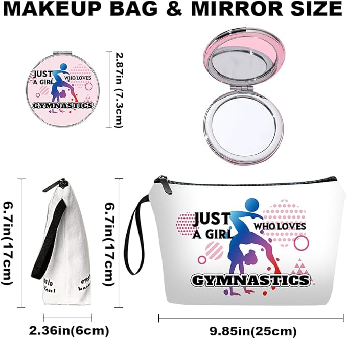 Personalized Gymnastics Makeup Bag set with Mirror for Gymnastics lovers,travel Cosmetic bag kit with10 pieces pink brush set,Birthday Gifts for Women Mom femal Friends
