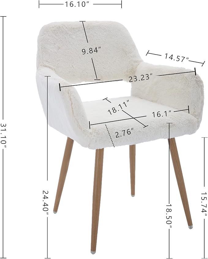KCC Furry Desk Chair, Mid-Century Modern Accent Comfy Armchair with Faux Fur for Teen Girls, Wood Look Metal Legs Living Dining Room, Home Vanity Makeup Office No Wheel, White.