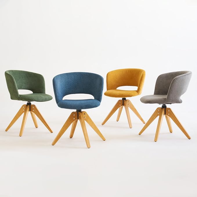 Mid Century Modern Swivel Accent Chair with Solid Wood Legs, Home Office Desk Chair No Wheels, Makeup Chair for Vanity, Upholstered Chair for Bedroom, Yellow