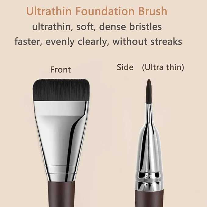 Foundation Brush for Liquid Makeup, Fast Flawless Flat Top Kabuki Makeup Brushes Face Cosmetics Brush Ultra Thin Facial Brush Long Wood Handle Design for Liquid Foundation, Blending Cream,Black