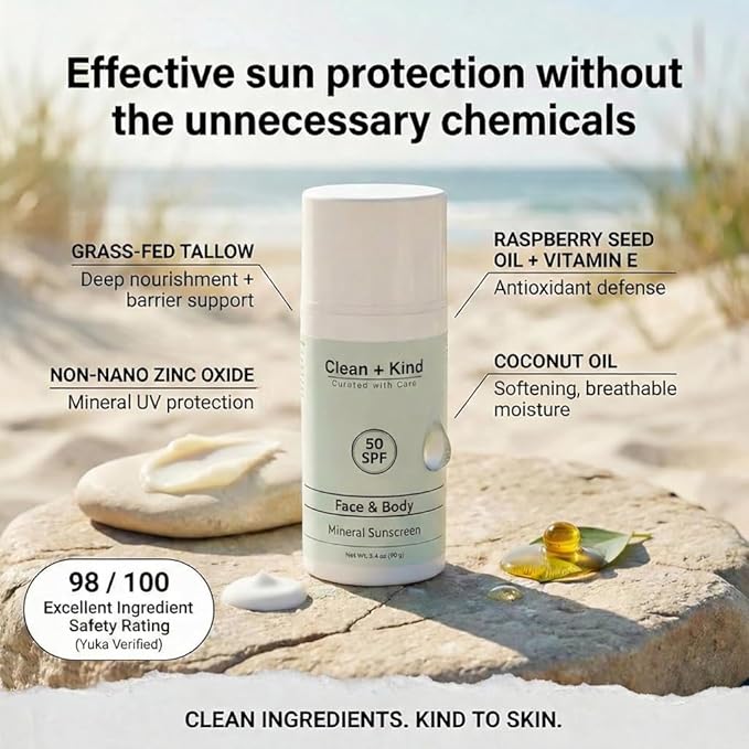 Tallow Sunscreen SPF 50 with Non-Nano Zinc Oxide – Natural Mineral, Reef-Safe & Non-Toxic Sunblock for Face & Body – Non-Greasy, Moisturizing Protection for Sensitive Skin (3.4 oz)