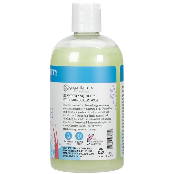 Ginger Lily Farms Botanicals Nourishing Body Wash, Island Tranquility, 100% Vegan & Cruelty-Free, Green Tea & Lemongrass Scent, 12 Fl Oz (Pack of 6)