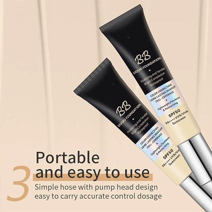 2 Pcs BB Cream Foundation - Natural Coverage, Waterproof Long Lasting, Hide Pores Fine Line, Travel-Friendly Tubes, Lightweight Hydrating BB Cream for All Skin Types (Ivory + Natural)