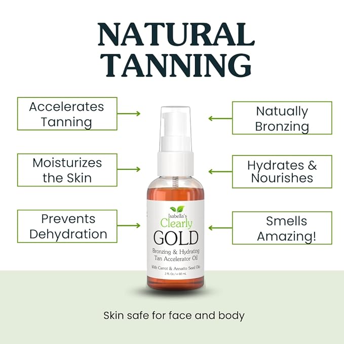 Isabella's Clearly GOLD Sun Tan Accelerator – Natural Tanning & Bronzing Oil for Face and Body with Carrot Seed, Coconut & Olive Oils – Indoor & Outdoor – Made in USA (4 Oz)