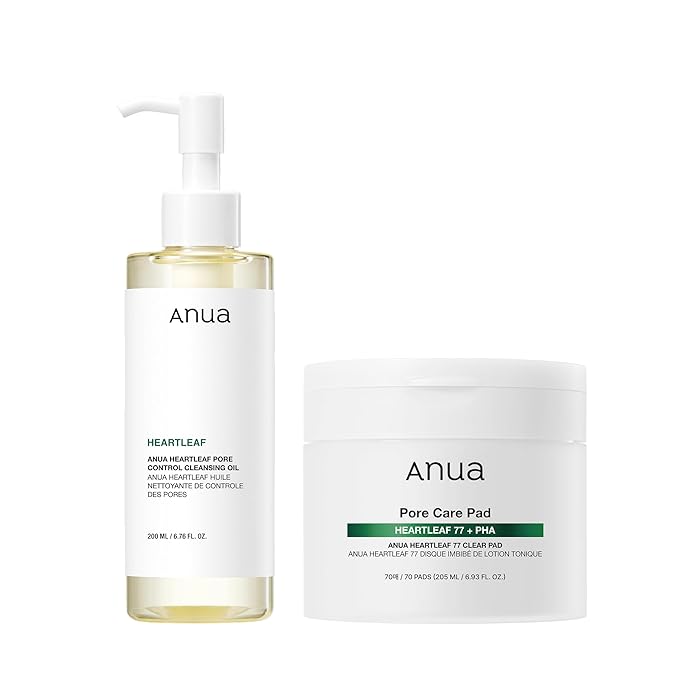 Auna Deep Pore Treatment Duo Heartleaf Pore Control Cleansing Oil, Heartleaf 77 Toner Pad, Exfoliating Facial Pads, After-Cleansing for Gentle Facial Care, Korean Skincare Set