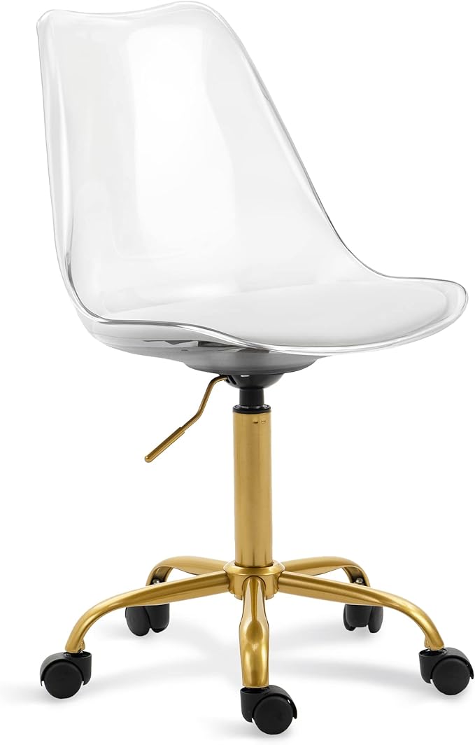 HOMEFUN Clear Desk Chair with Cushion, Armless Acrylic Rolling Chairs with Golden Feet Swivel Height Adjustable Ghost Molded Plastic and Wheels