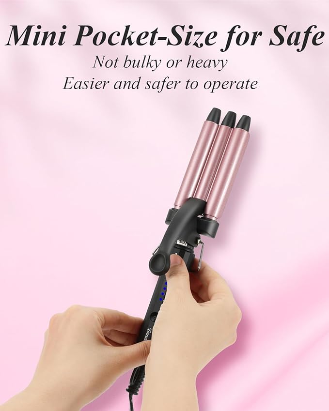 Mini Hair Crimper 4 Temperature Adjustable, 1/2 Inch Small 3 Barrel Curling Iron Hair Waver Dual Voltage Travel Size, Tiny Crimper Hair Tool Create Natural Tight Beachy Waves (Rose Gold)