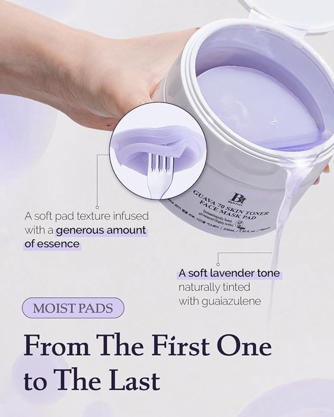 BENTON Guava 70 Skin Toner Face Mask Pad Moisturizer Hyaluronic Acid Soothing Calming Relief Pore Care for Dry Sensitive, All Skin Types Dewy Luminous Skin, Non-Drying Toner Pads, Korean Skin Care