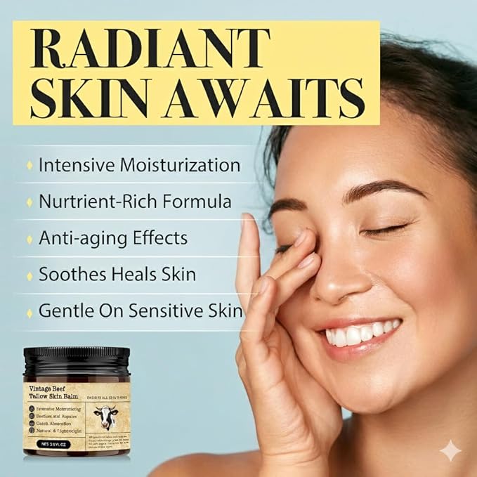 Beef Tallow Honey Balm for Sensitive Skin:100% Organic Grass-Fed Vintage Tallow Moisturizer For Face Cracked Hands Non-Greasy Nourishing Cream With Olive Oil - Eczema Safe All Skin Types 2 oz