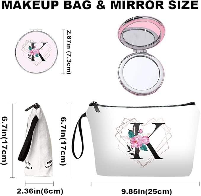 Personalized Initial K floral Makeup Bag set with Mirror for Women,White Ietter travel Cosmetic bag kit for Bride Bridesmaid with10 pieces pink brush set,Initial Gifts for Girls Mom femal Friends