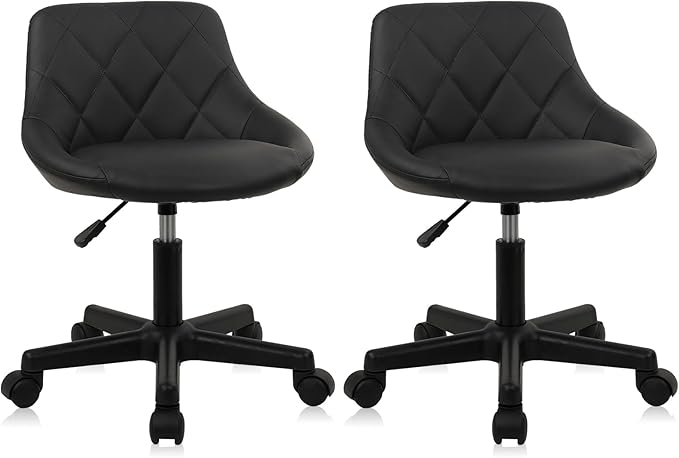 Low Back Rolling Stool PU Leather Vanity Stools, Adjustable Height Ergonomic Swivel Rolling Desk Stool Work Drafting Swivel Chair, Makeup Shop Salon Spa Stools, Black, 2 Pack