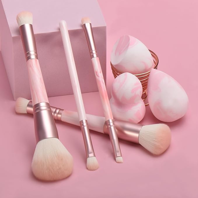 Pink Makeup Brushes set, 4 Dual-Ended Brushes, 3 Makeup Sponges & 1 Metal Stand, Professional Complete Cosmetic Brush Set, for Foundation Powder Blush Eyeshadow