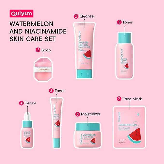 Watermelon Skin Care Kit for Teens Girl, 8 Daily Routine Beauty Skincare- Gift Set with Cleanser, Toner, Eye Cream, Moisturizer, Serum, Facial Mask, Soap, Hydrate, Oil control, Glow, Smooth