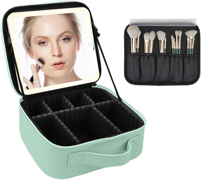 Makeup Bag with Led Mirror,Large Vanity Makeup Cases with 3 Color Setting,Portable Storage and Adjustable Dividers,for Women and Makeup Artists Cosmetic Organizer Travel Makeup Bag-Light Green