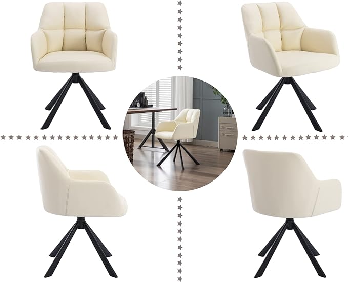 EALSON Comfy Leather Desk Chair Modern Computer Task Chair no Wheels Swivel Accent Chair with Mid Back Arm Chair for Living Room/Bedroom/Home Office, PU Beige