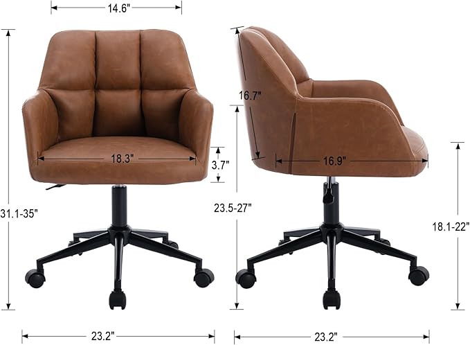 Brown Leather Desk Chair Office Chair with Mid Back Support Armrest, Adjustable-Height 360° Swivel Rolling Task Chair Home Office Modern Vanity Chair, Brown