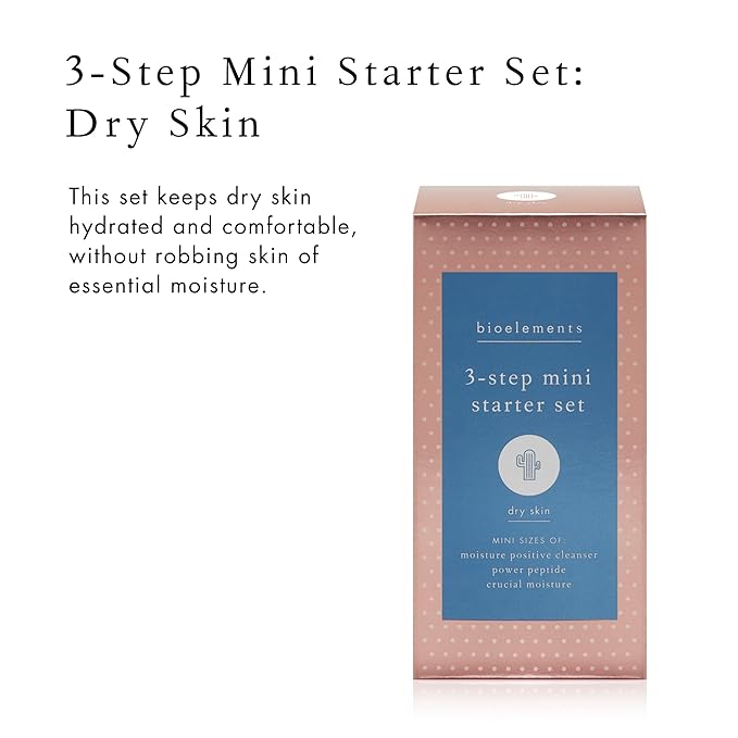 Bioelements 3-Step Mini Starter Set: Dry Skin - Includes Moisture Positive Cleanser, Power Peptide Toner & Crucial Moisture Moisturizer - Vegan, Gluten Free - Never Tested on Animals